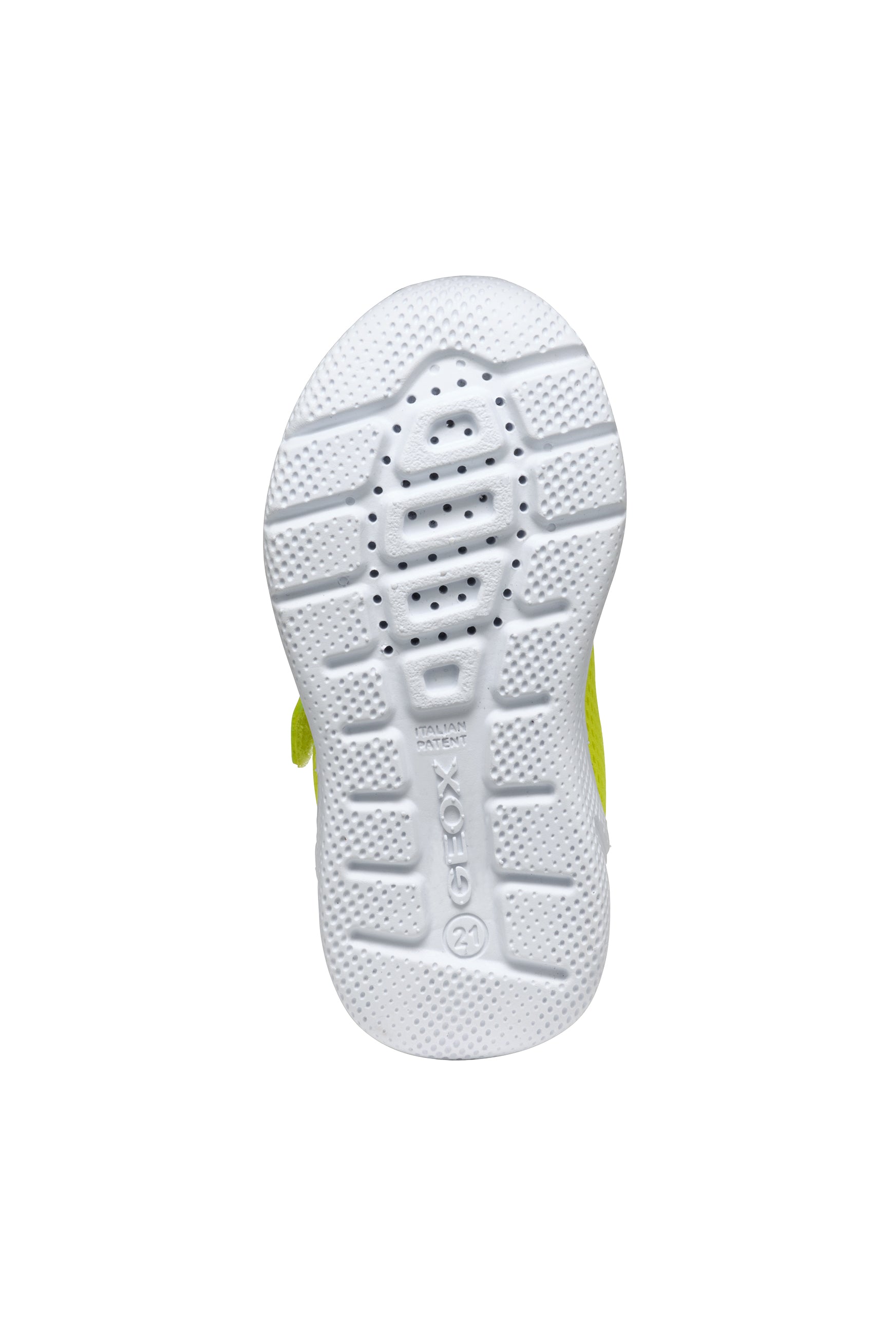A unisex trainer by Geox, style B Sprintye, in fluorescent green with bungee lace and velcro fastening. View of white sole.