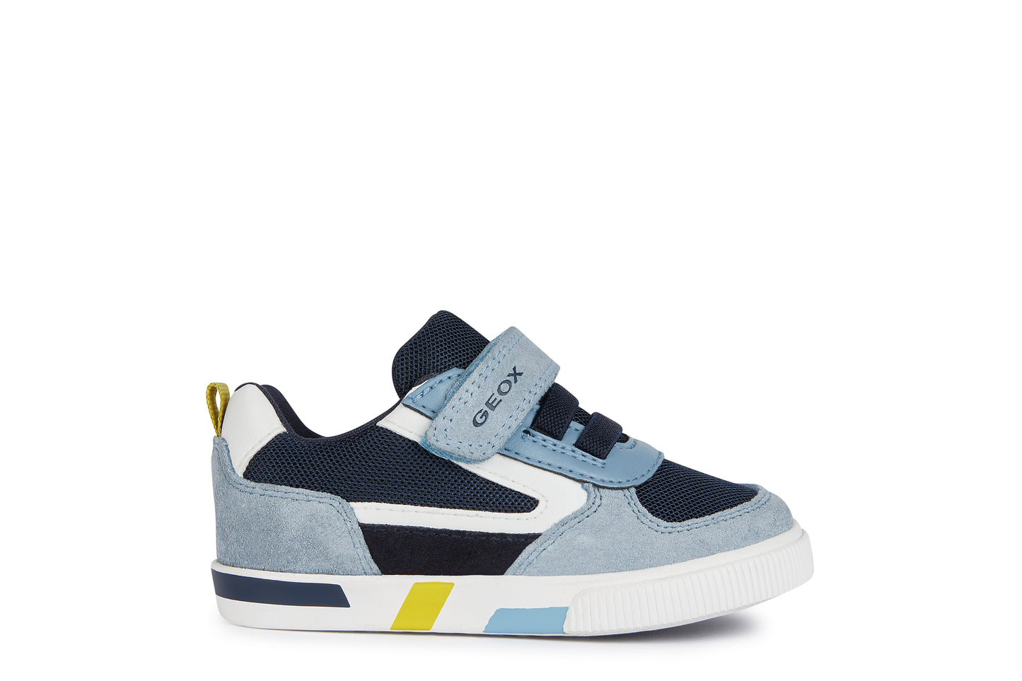 A boys trainer by Geox,style B Kilwi Boy, in light blue and navy with velcro  and elastic lace fastening. Right side view.