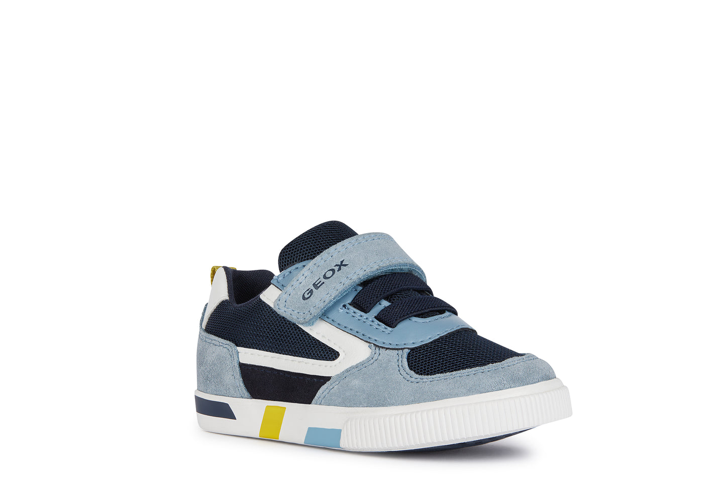 A boys trainer by Geox,style B Kilwi Boy, in light blue and navy with velcro and elastic lace fastening.Angled view.