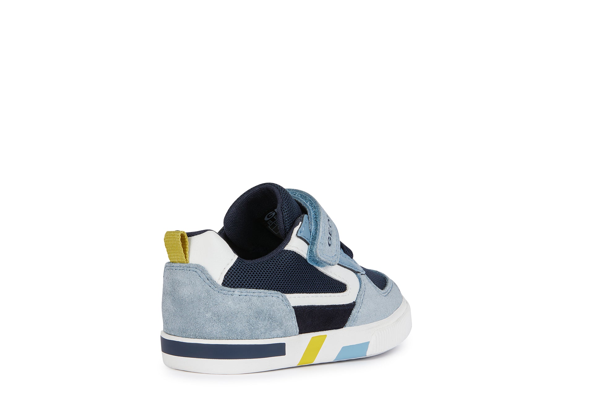 A boys trainer by Geox,style B Kilwi Boy, in light blue and navy with velcro and elastic lace fastening. Angled view of right side.