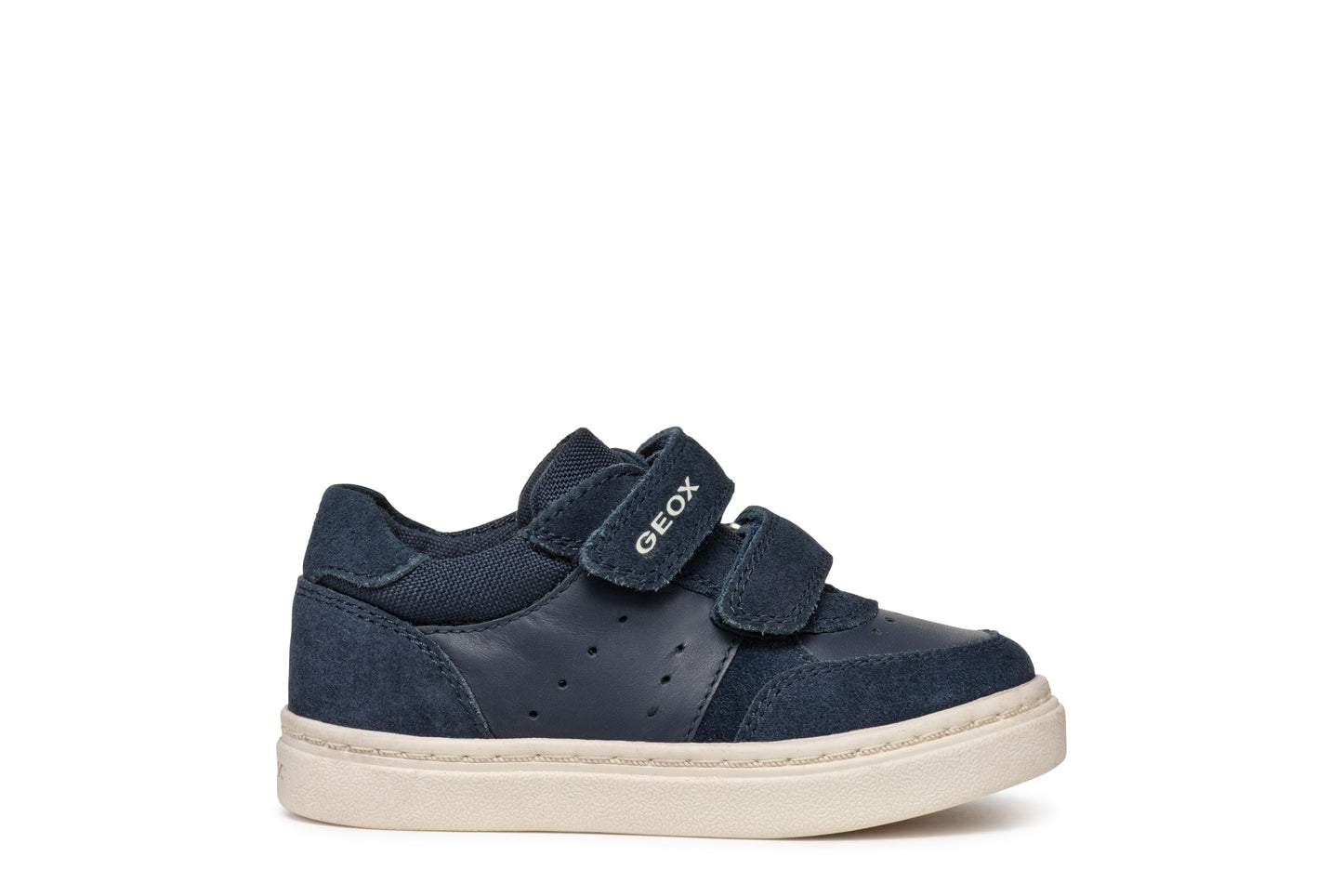 A boys shoe by Geox, style Nashik Boy in navy, double velcro fastening. Right side view.