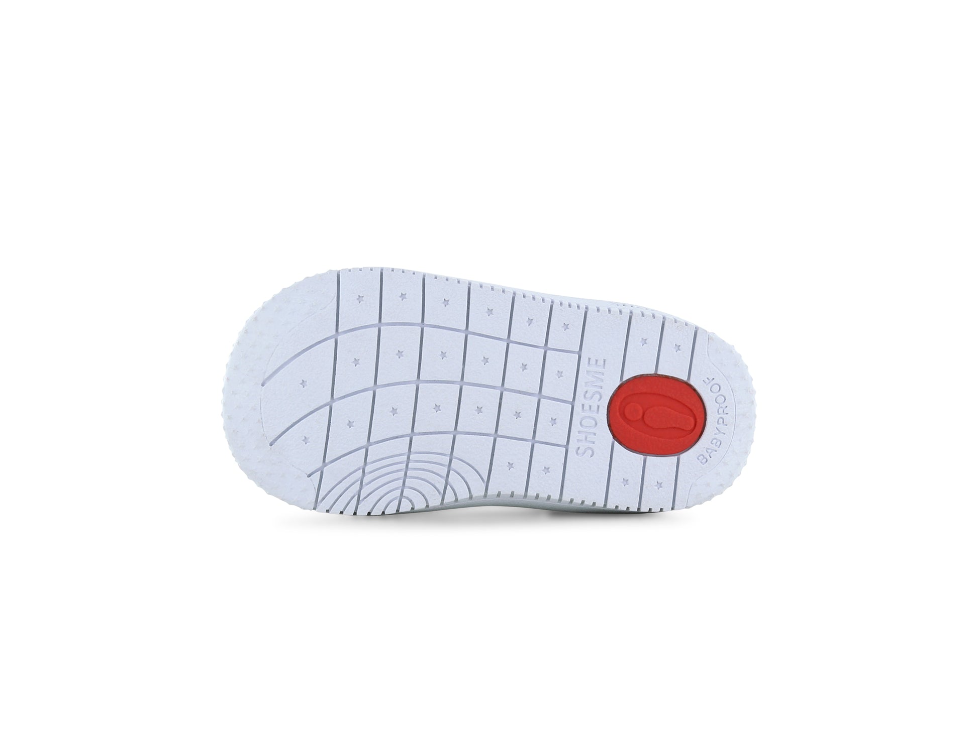 A white unisex trainer by Shoesme, style BN2SLS007-A, in white leather with elastic lace and single velcro fastening. Sole view showing red Shoesme logo.