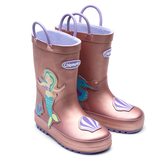 A pull on welly by Chipmunks, style Margot, in pearlescent pink with mermaid motif. View of a pair.