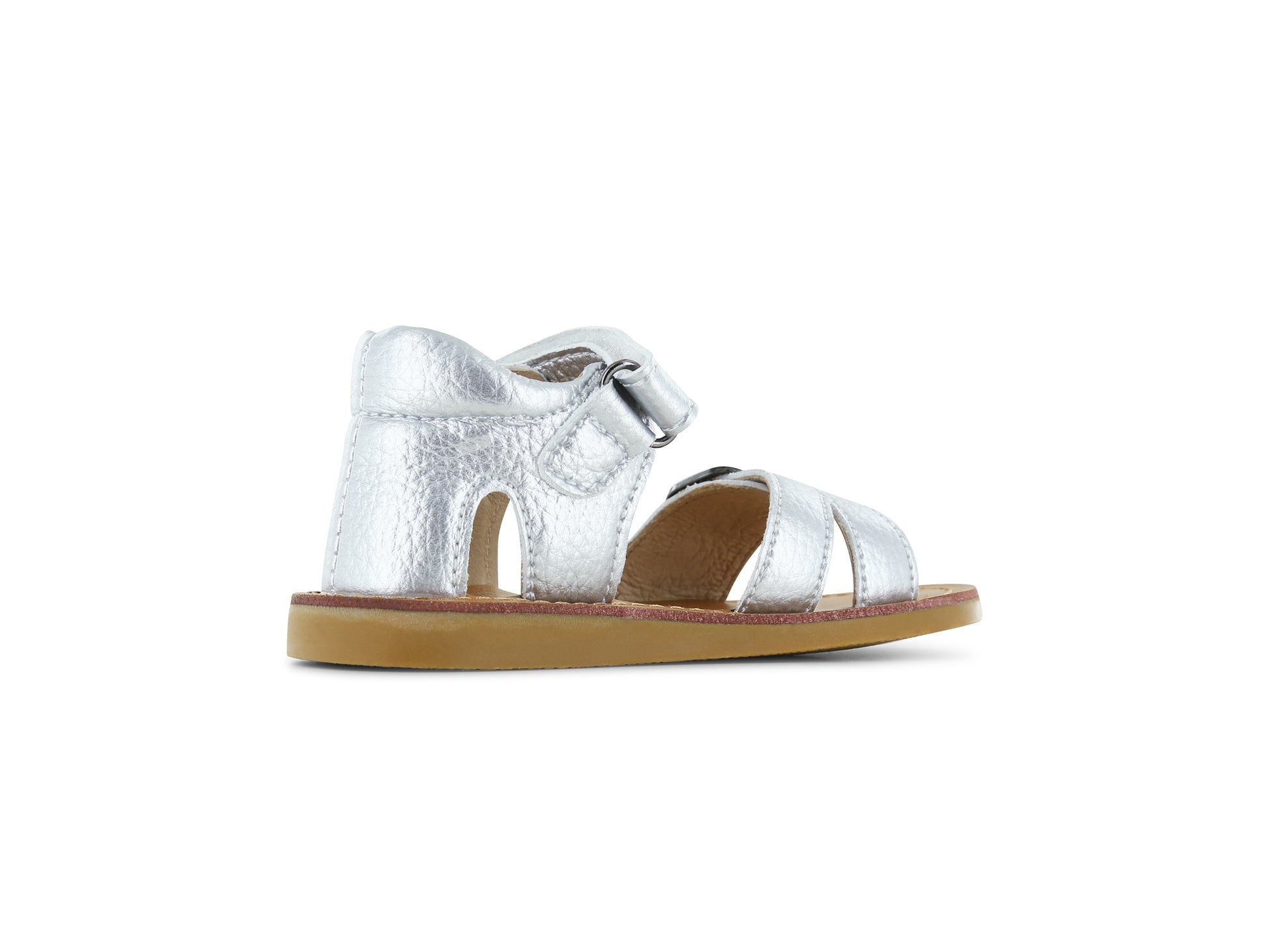 A girls open toe closed back sandal by Shoesme, style CS24S001-C, in silver leather with velcro and buckle fastening. Left side view.