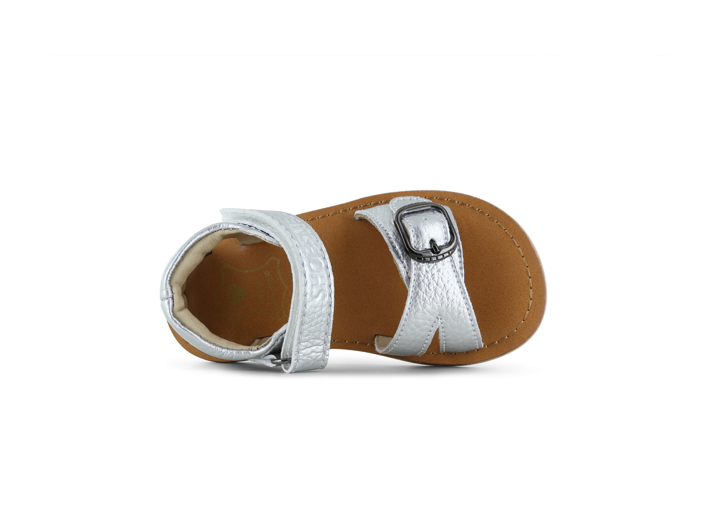 A girl's open toe closed back sandal by Shoesme, style CS24S001-C, in silver leather with velcro and buckle fastening. Front view.