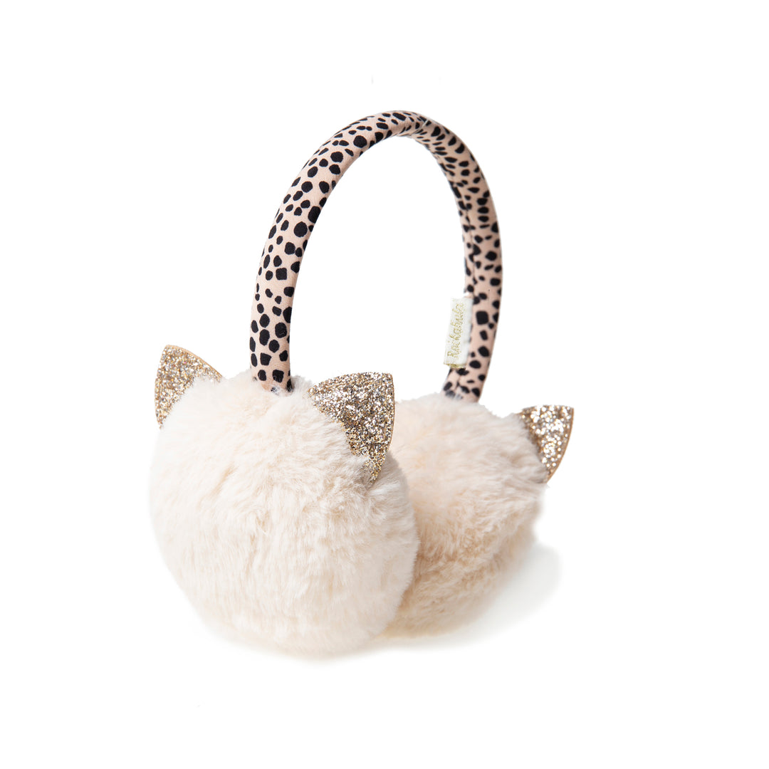 A pair of girls fur earmuffs by Rockahula, style Clara Cat, in cream with gold ears and leopard head band. Angled view.