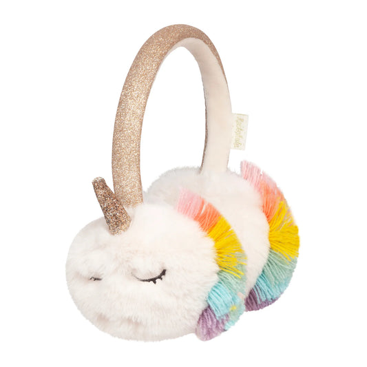 A pair of ear muffs by Rockahula, style Rainbow Unicorn E2289M, in cream fur, with gold glitter and rainbow trim. Angled view.