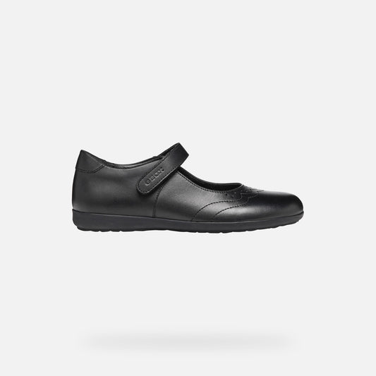 A girls Mary Jane school shoe by Geox, style J46MDI Iberide Girl, in black with punch hole detail and velcro fastening. Right side view.