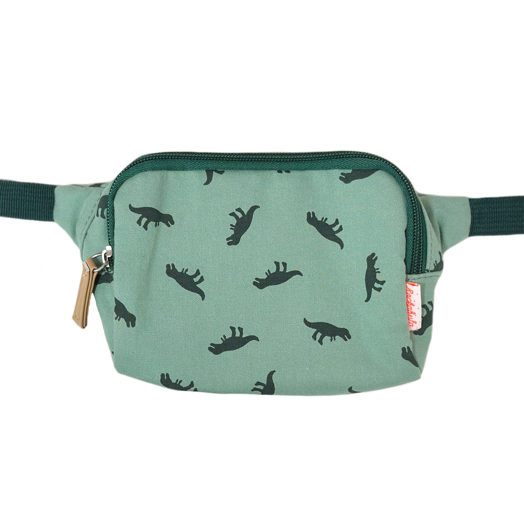 A children's bum bag by Rockahula, style T-Rex, in green dinosaur print with zip fastening. Front view.