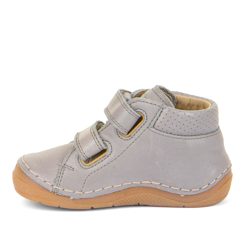  A boys ankle boot by Froddo, style Paix Velcro G2130312-3, in grey leather with toe bumper. Double velcro fastening. Left side view.