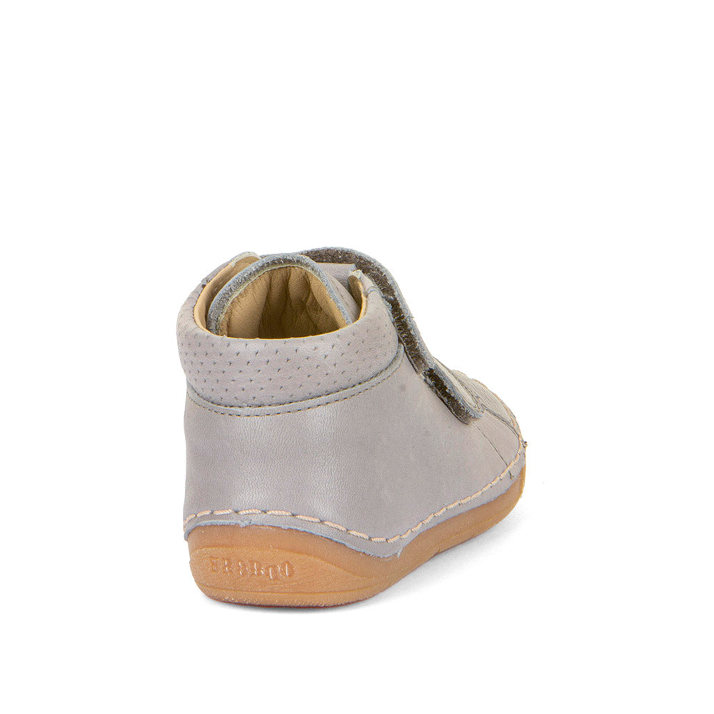  A boys ankle boot by Froddo, style Paix Velcro G2130312-3, in grey leather with toe bumper. Double velcro fastening. Back view.