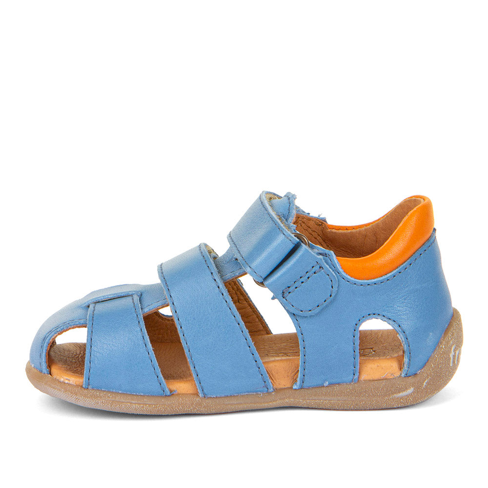 A boys closed toe leather sandal by Froddo, style Carte Double, in blue multi leather with velcro fastening. Left side view.