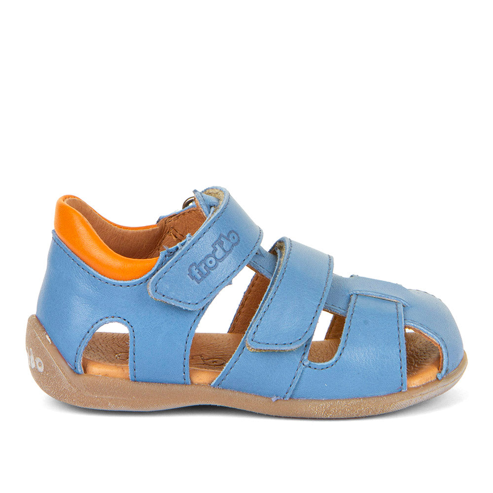 A boys closed toe leather sandal by Froddo, style Carte Double, in blue multi leather with velcro fastening. Right side view.