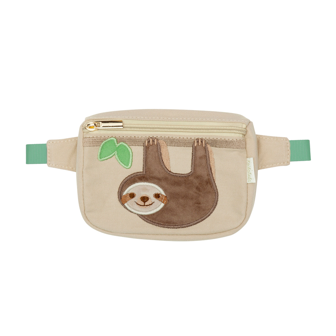 A children's bum bag by Rockahula, style Sleepy Sloth, in beige with sloth print to front and zip fastening. Front view.