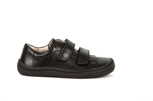 A boys barefoot school shoe by Froddo, style Alex G3130187, in black leather with toe bumper and double velcro fastening.
Right side view.