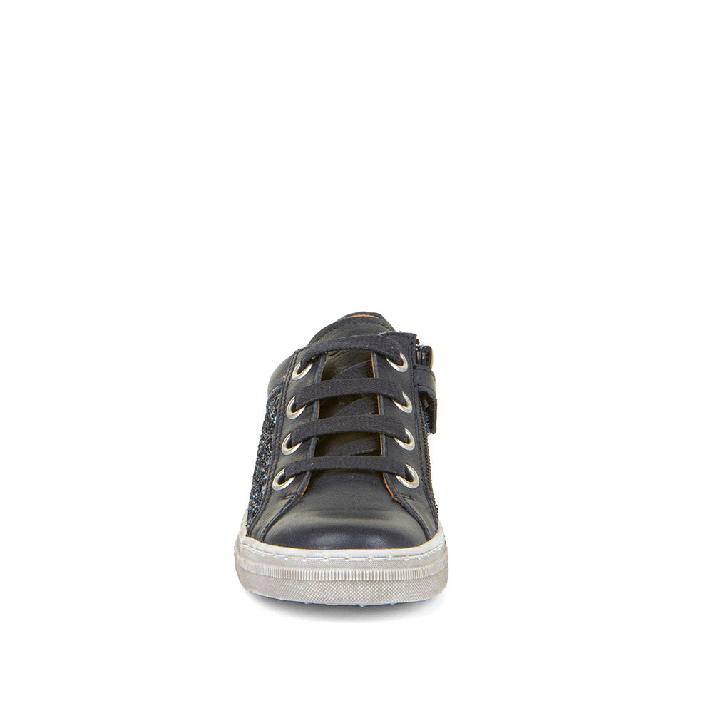 A girls casual shoe by Froddo, style Star G G3130252, in navy leather with side glitter panel and lace/zip fastening. Front view.