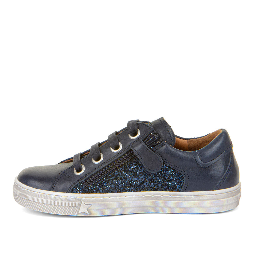 A girls casual shoe by Froddo, style Star G G3130252, in navy leather with side glitter panel and lace fastening. Left side view.