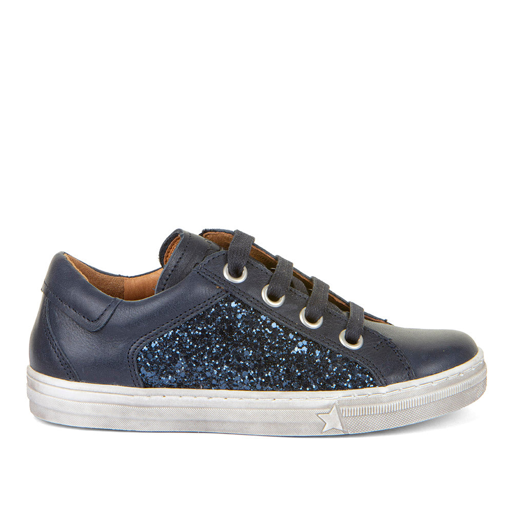 A girls casual shoe by Froddo, style Star G G3130252, in navy leather with side glitter panel and lace/zip fastening. Right side view.