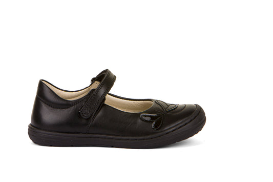 A girls Mary Jane school shoe by Froddo, style Mia DF G3140171-1, in black leather with toe bumper, patent butterfly detail and velcro fastening. RIght side view.