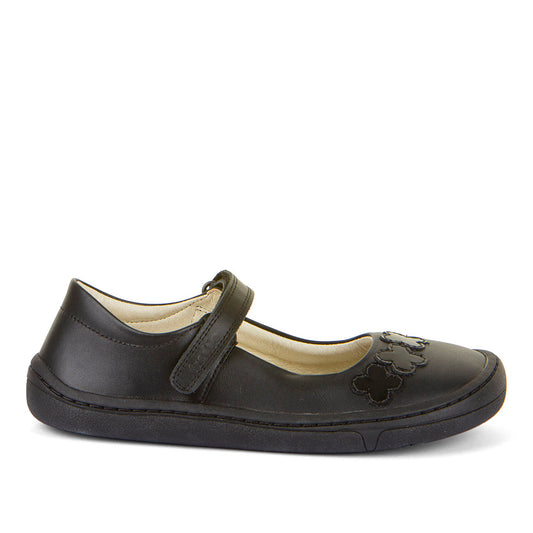 A girls barefoot Mary-Jane school shoe by Froddo, style, G3140185, in black leather with patent flower detail, toe bumper and velcro fastening. Right side view.