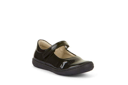 A girls patent Mary Jane shoe by Froddo, style Mia G3140188, in black patent with toe bumper, cut out petal detail and velcro fastening. Angled right side view.