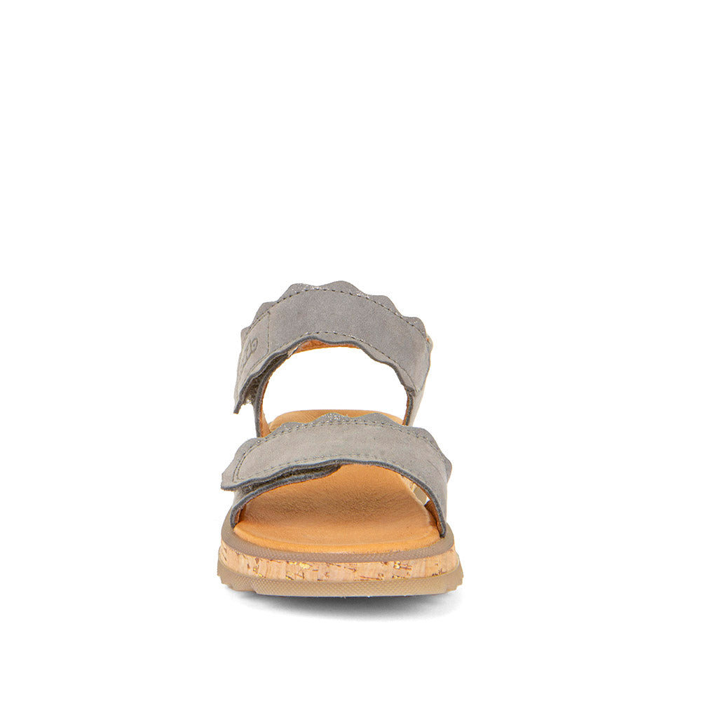 A girls open toe sandal by Froddo, style Alana G3150253-7, in silver leather set on cork effect sole unit with velcro fastening.  Front view.