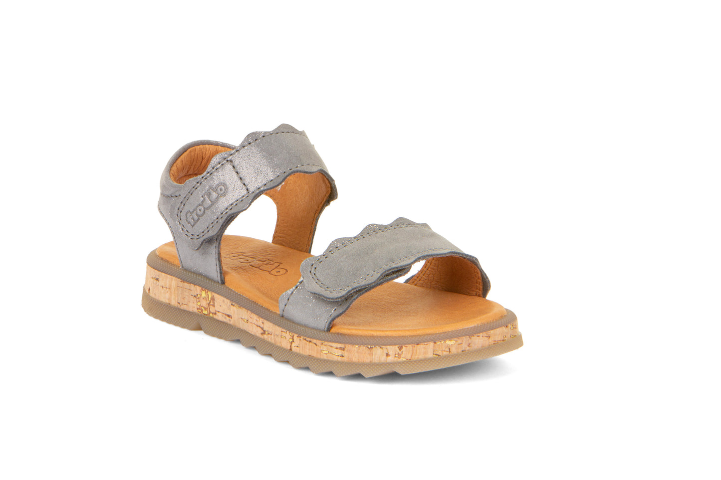 A girls open toe sandal by Froddo, style Alana G3150253-7, in silver leather set on cork effect sole unit with velcro fastening. Angled view.
