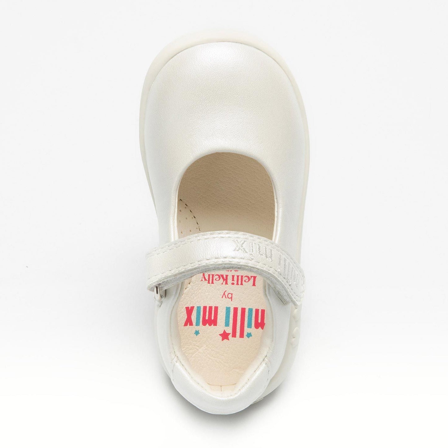 A girls Mary Jane shoe by Lelli Kelly, style MXBA4120 Kayla, in white with heart detail to sole and velcro fastening. View from above.