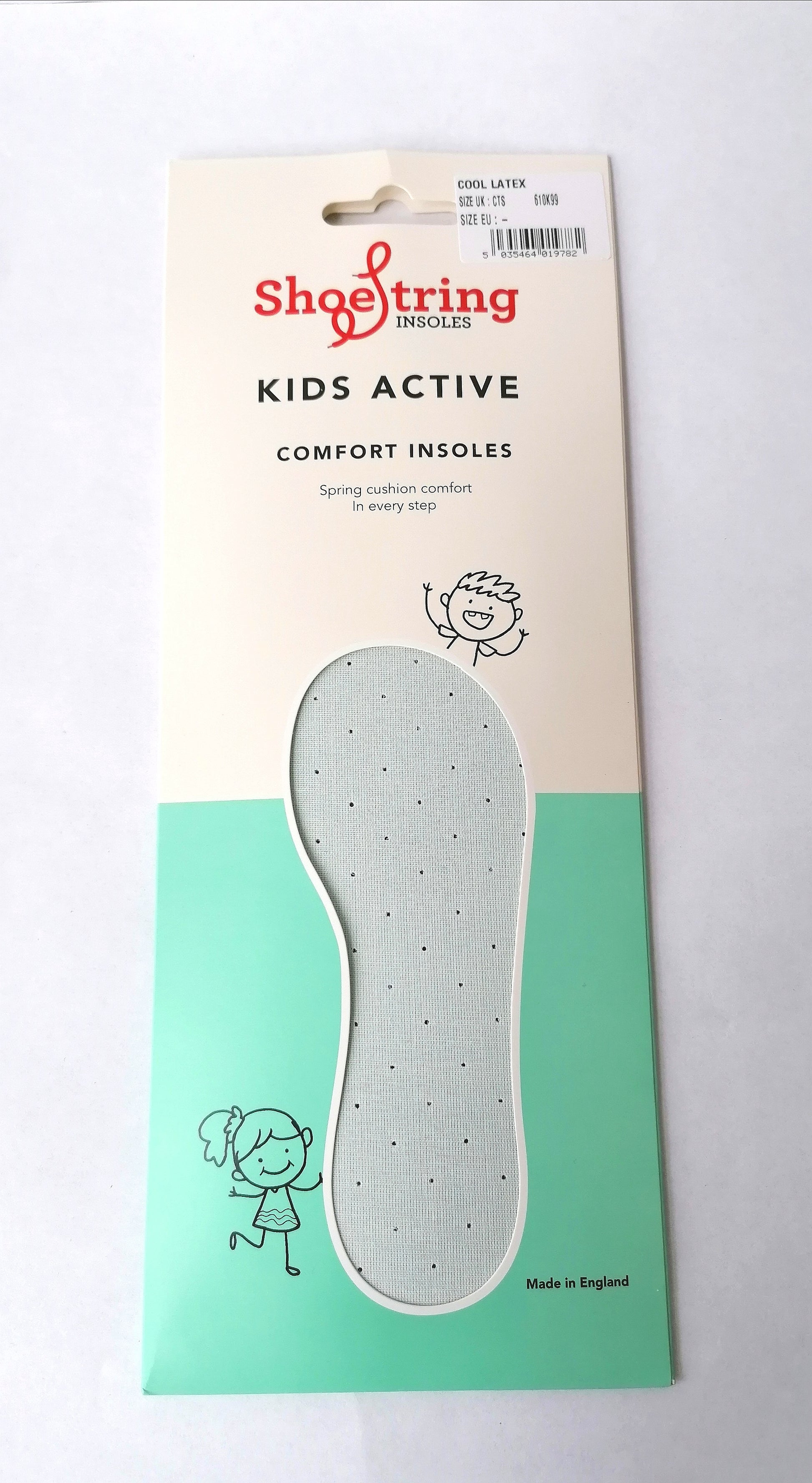 A pair of cut to size children's comfort insoles by Shoe String.  Front view.