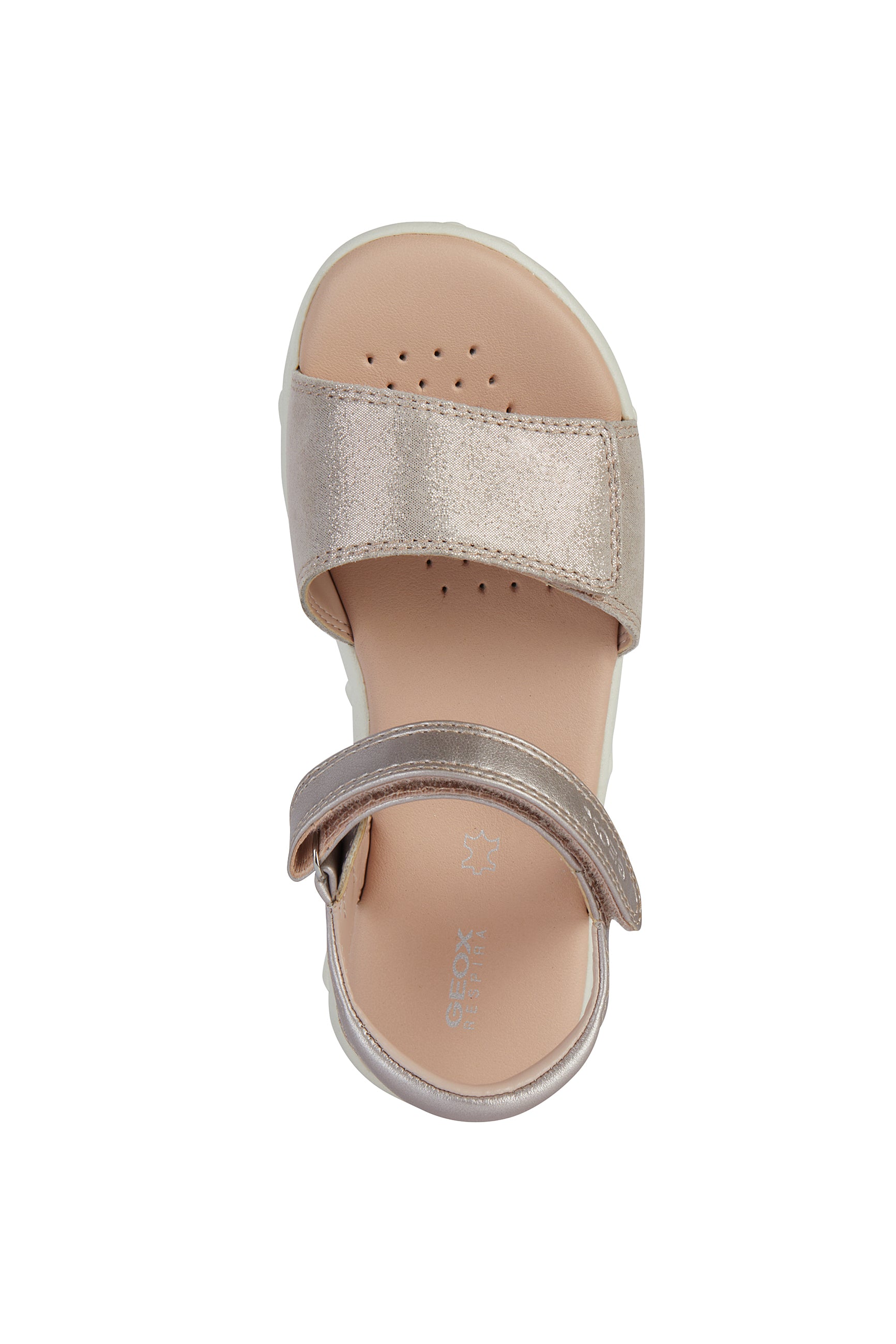 A girls open toe sandal by Geox, style J Haiti, in rose gold with velcro fastening. View from above.