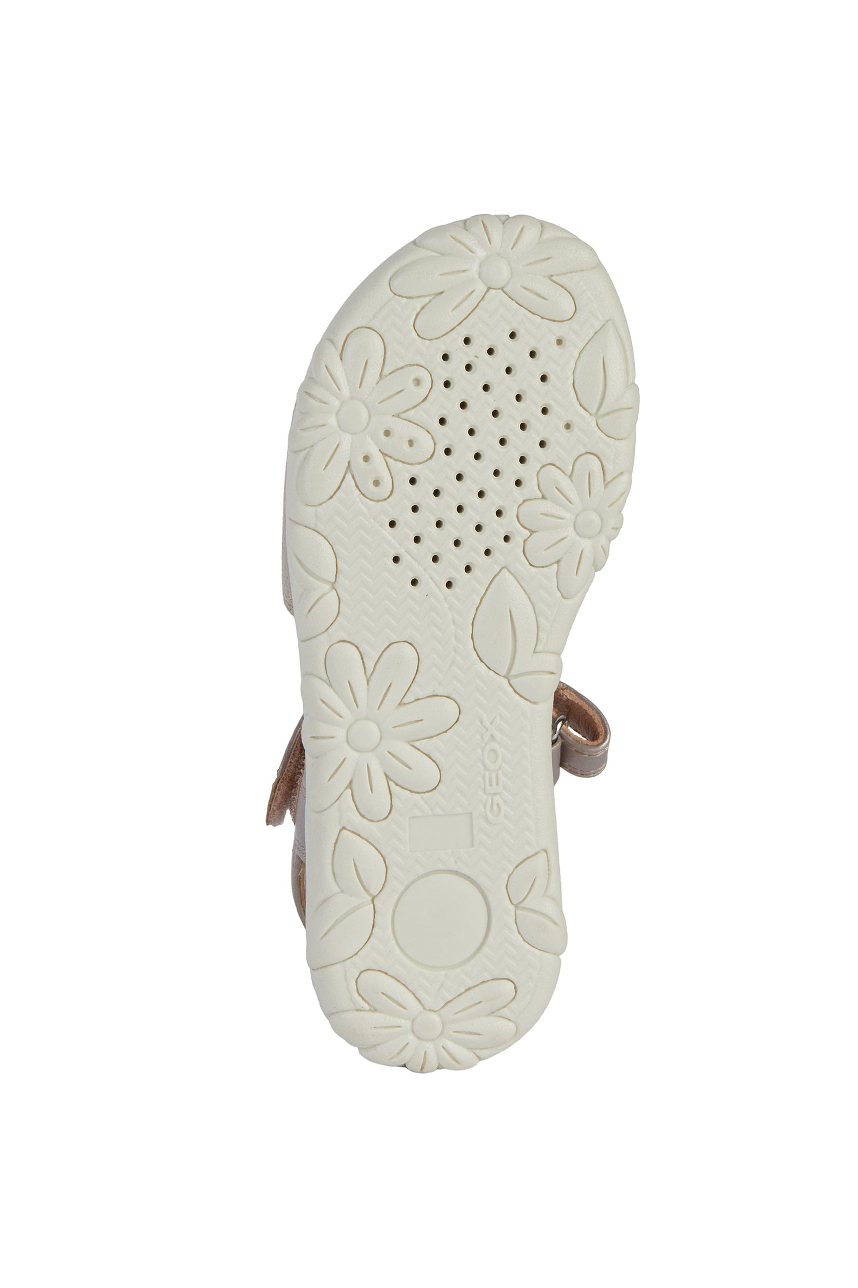 A girls open toe sandal by Geox, style J Haiti, in rose gold with velcro fastening. View of cream sole with flower detail.