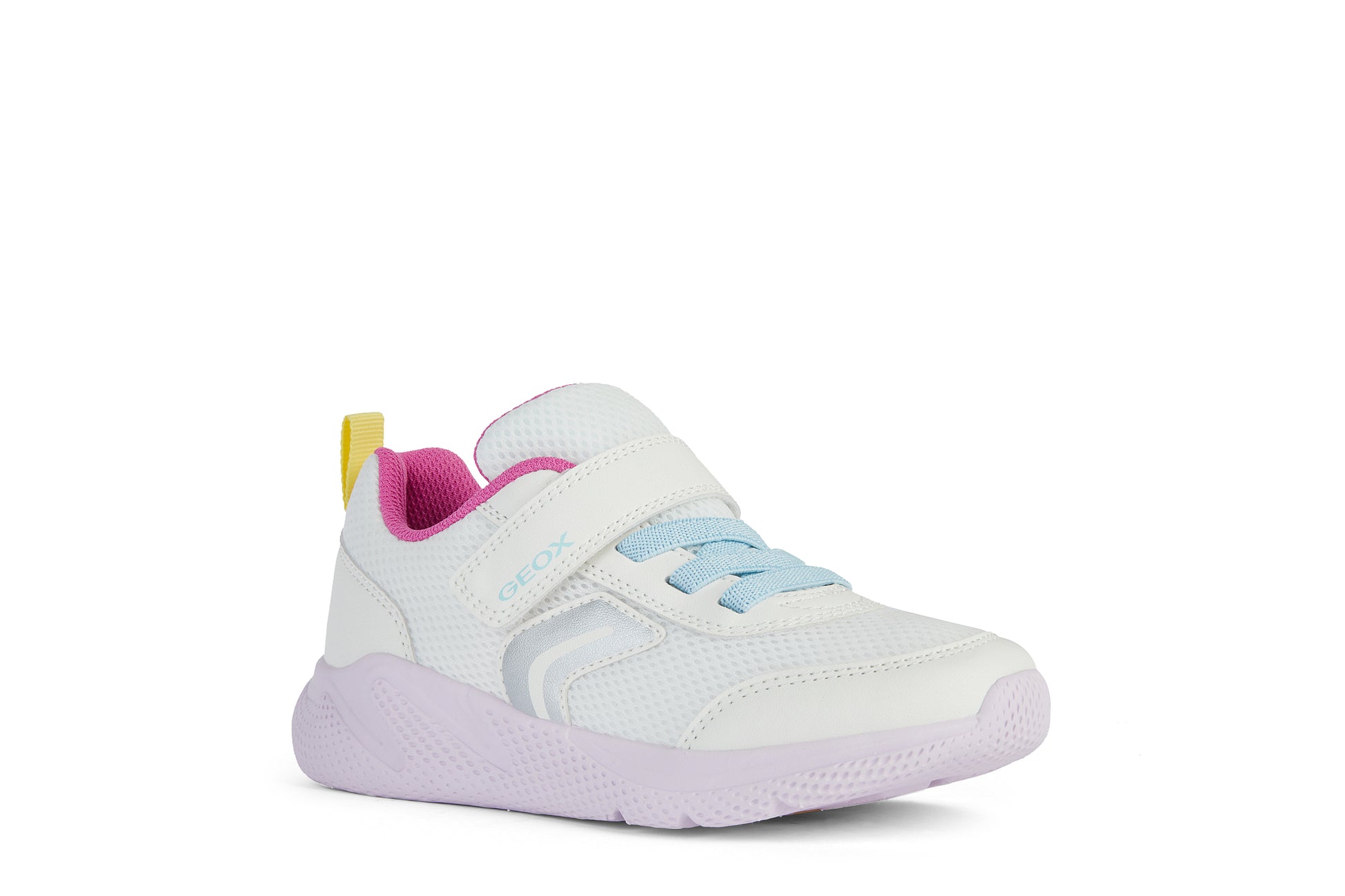 A girls trainer by Geox, style J Sprintye, in white with yellow and pink trim and velcro and blue bungee lace fastening. Angled view of right side.