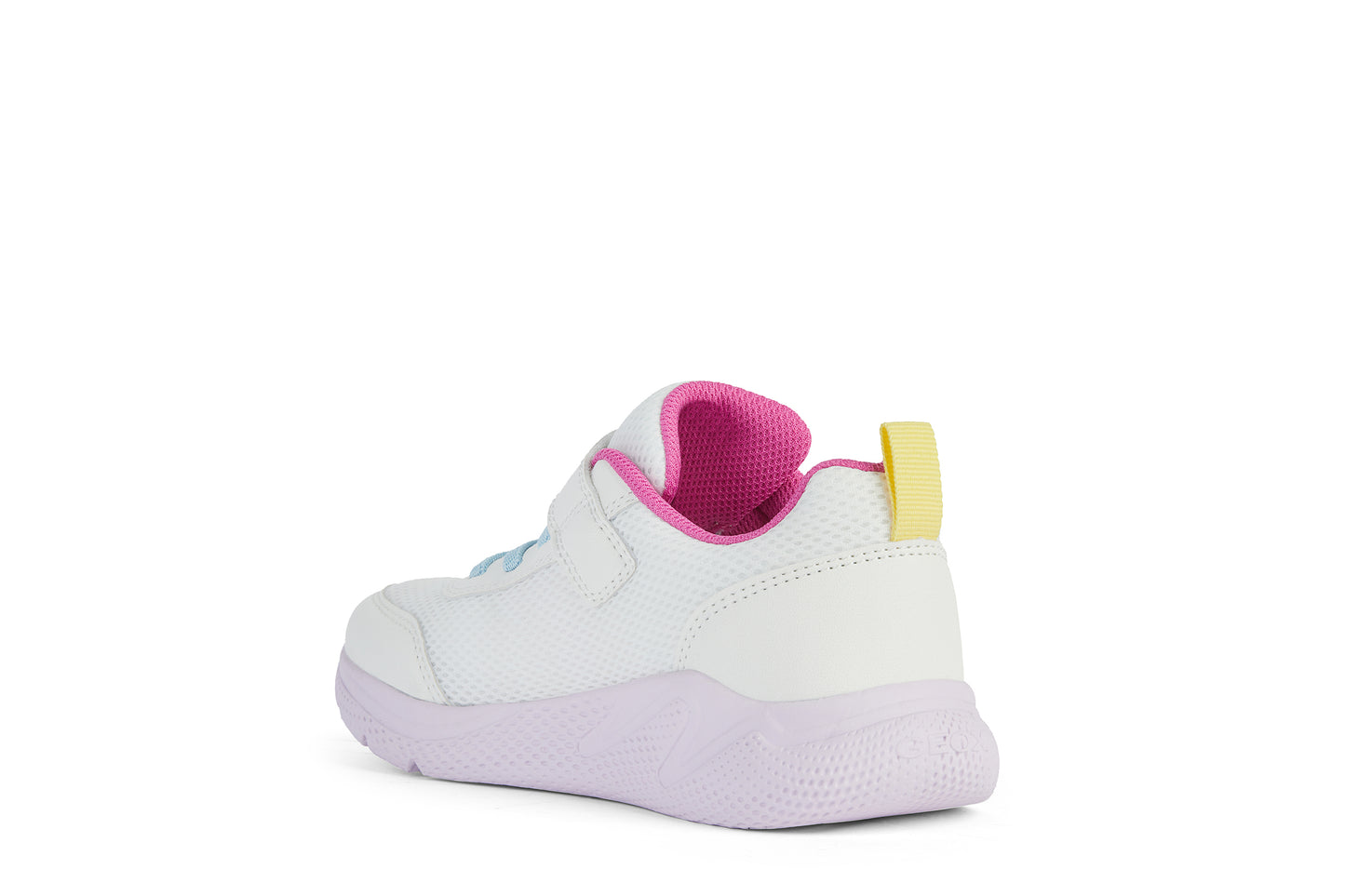 A girls trainer by Geox, style J Sprintye, in white with yellow and pink trim and velcro and blue bungee lace fastening. Angled view of left side.