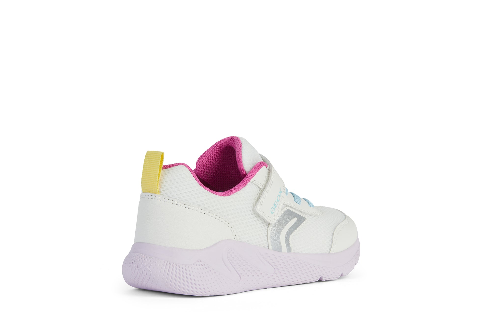 A girls trainer by Geox, style J Sprintye, in white with yellow and pink trim and velcro and blue bungee lace fastening. Angled view of right side.