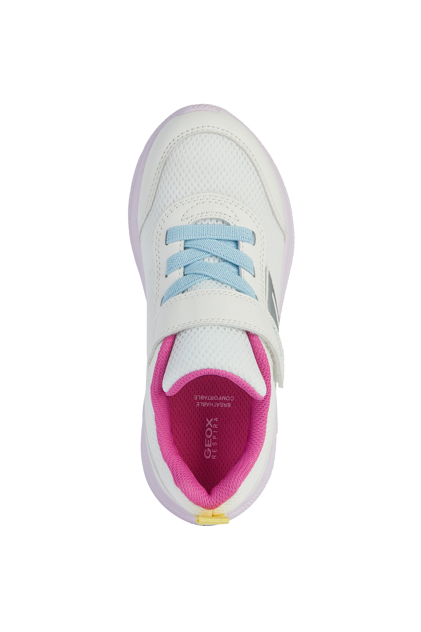 A girls trainer by Geox, style J Sprintye, in white with yellow and pink trim and velcro and blue bungee lace fastening. View from above.