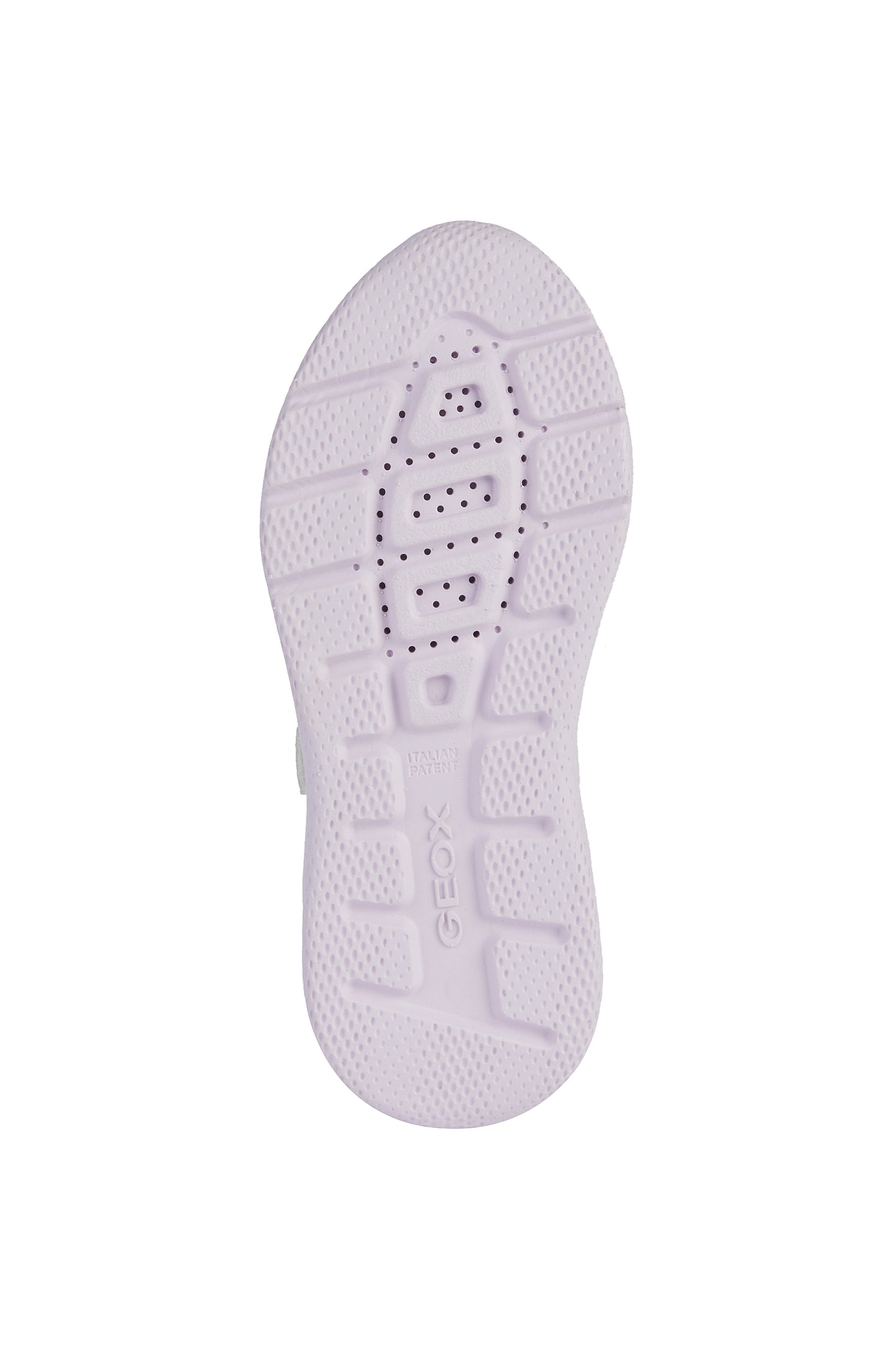 A girls trainer by Geox, style J Sprintye, in white with yellow and pink trim and velcro and blue bungee lace fastening. View of sole.