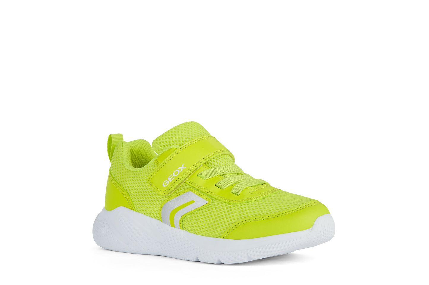 A unisex trainer by Geox, style J Sprintye, in fluorescent green with velcro and bungee lace fastening. Angled right side view.