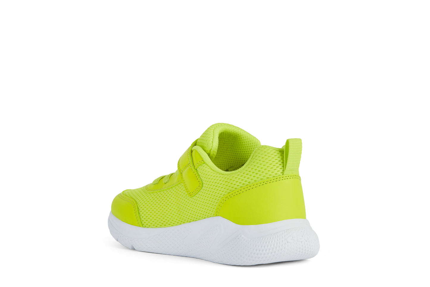 A unisex trainer by Geox, style J Sprintye, in fluorescent green with velcro and bungee lace fastening. Angled left side view.