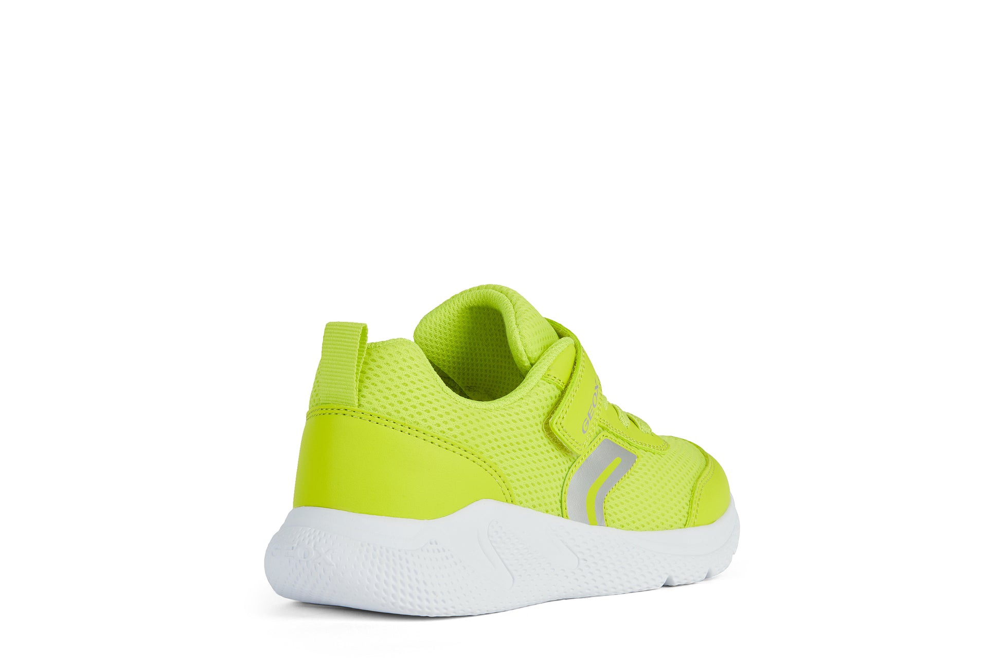 A unisex trainer by Geox, style J Sprintye, in fluorescent green with velcro and bungee lace fastening. Angled right side view.