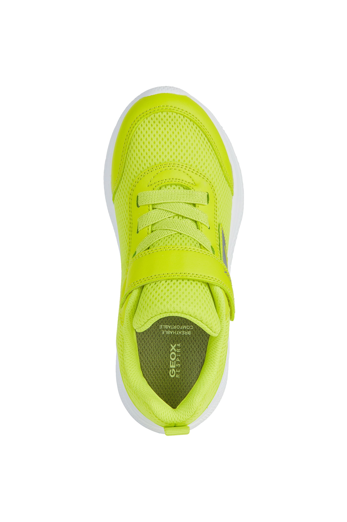 A unisex trainer by Geox, style J Sprintye, in fluorescent green with velcro and bungee lace fastening. View from above.