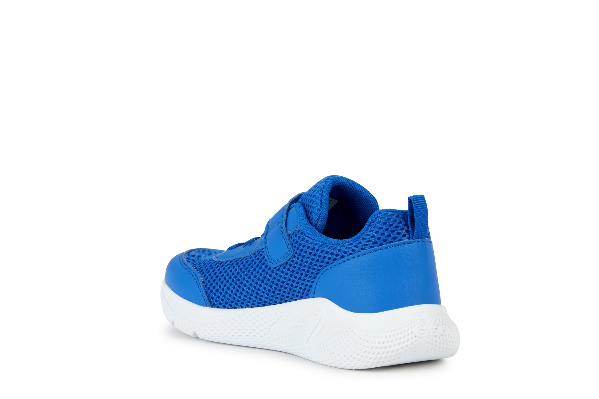 A boys trainer by Geox, style B Sprintye, in blue with bungee lace and velcro fastening. Angled view of left side.