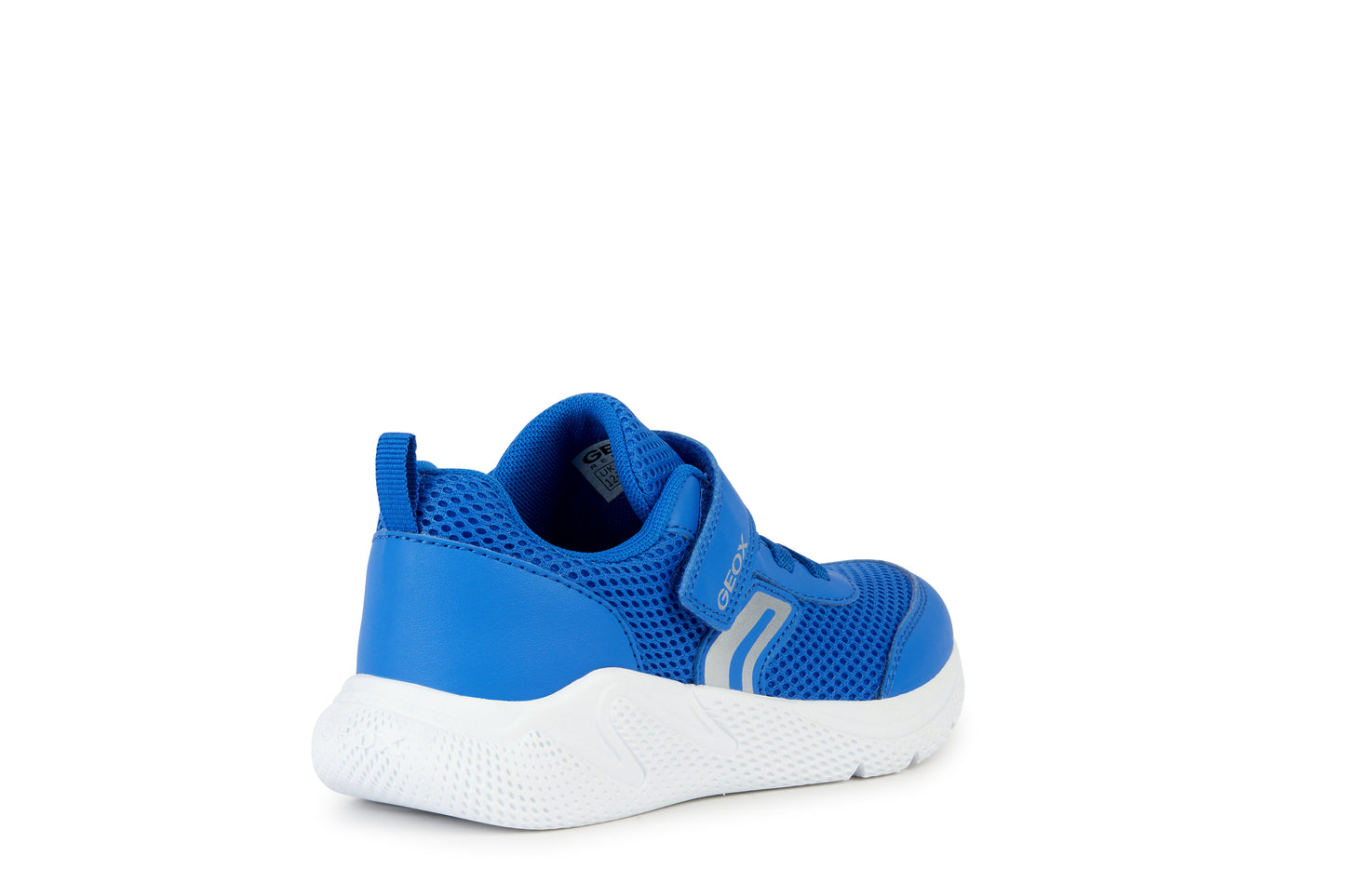 A boys trainer by Geox, style B Sprintye, in blue with bungee lace and velcro fastening. Angled view of right side.