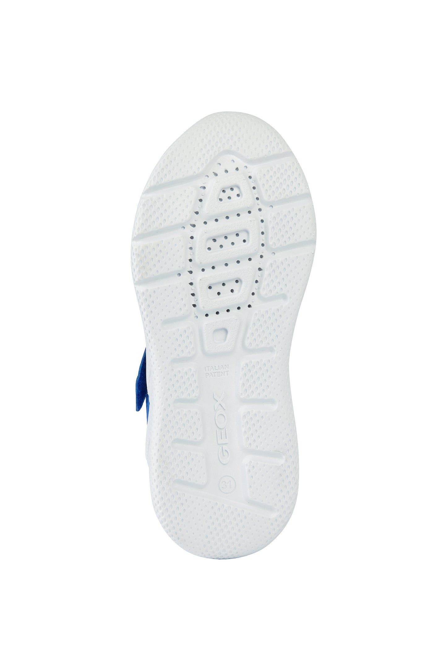 A boys trainer by Geox, style B Sprintye, in blue with bungee lace and velcro fastening. View of white sole.