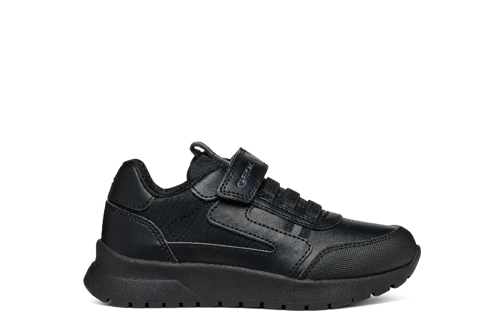 A boys sporty school shoe by Geox, style J36GMA Briezee Boy, in black with bungee laces and velcro  fastening. Right side view.