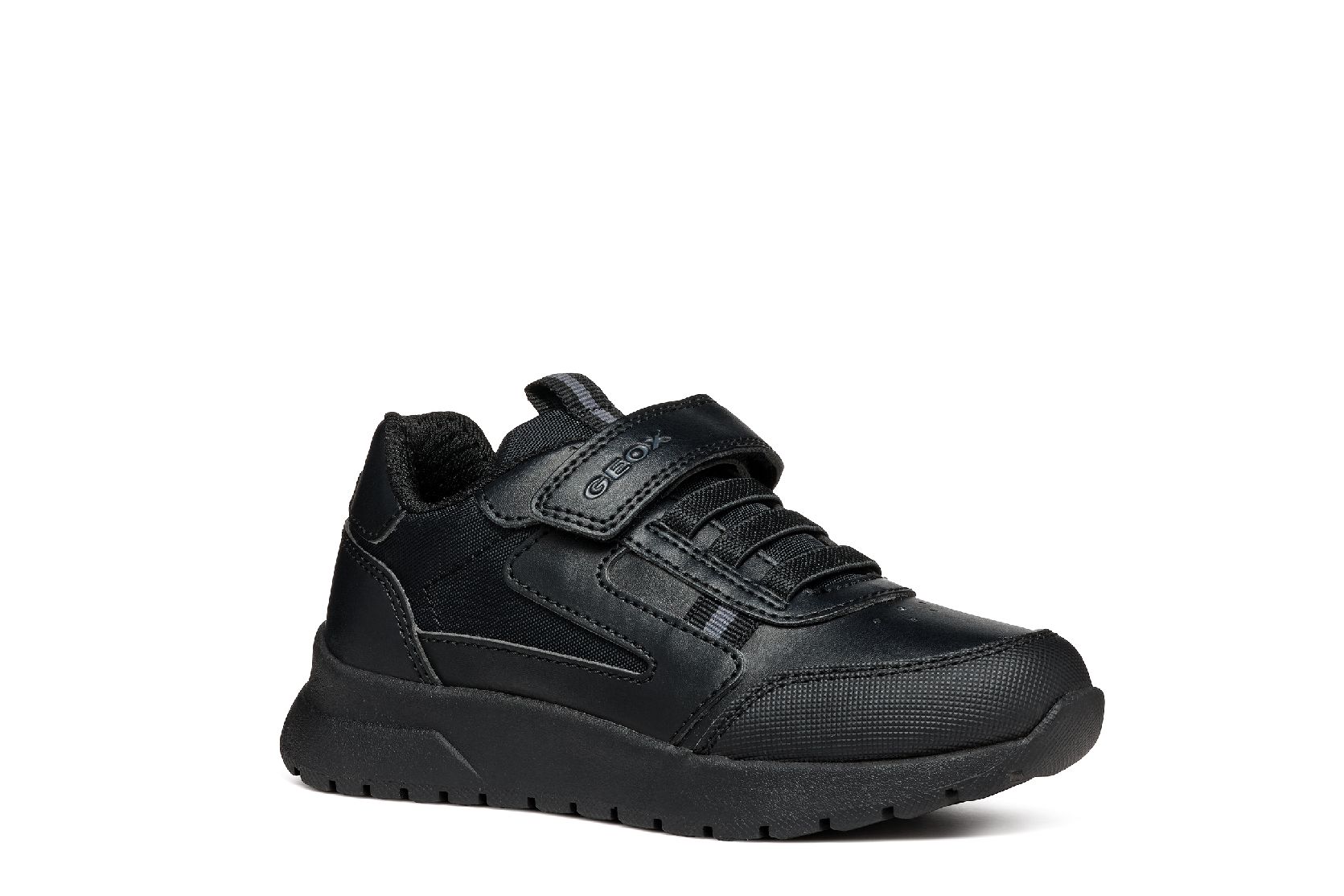 A boys sporty school shoe by Geox, style J36GMA Briezee Boy, in black with bungee laces and velcro fastening. Angled view.