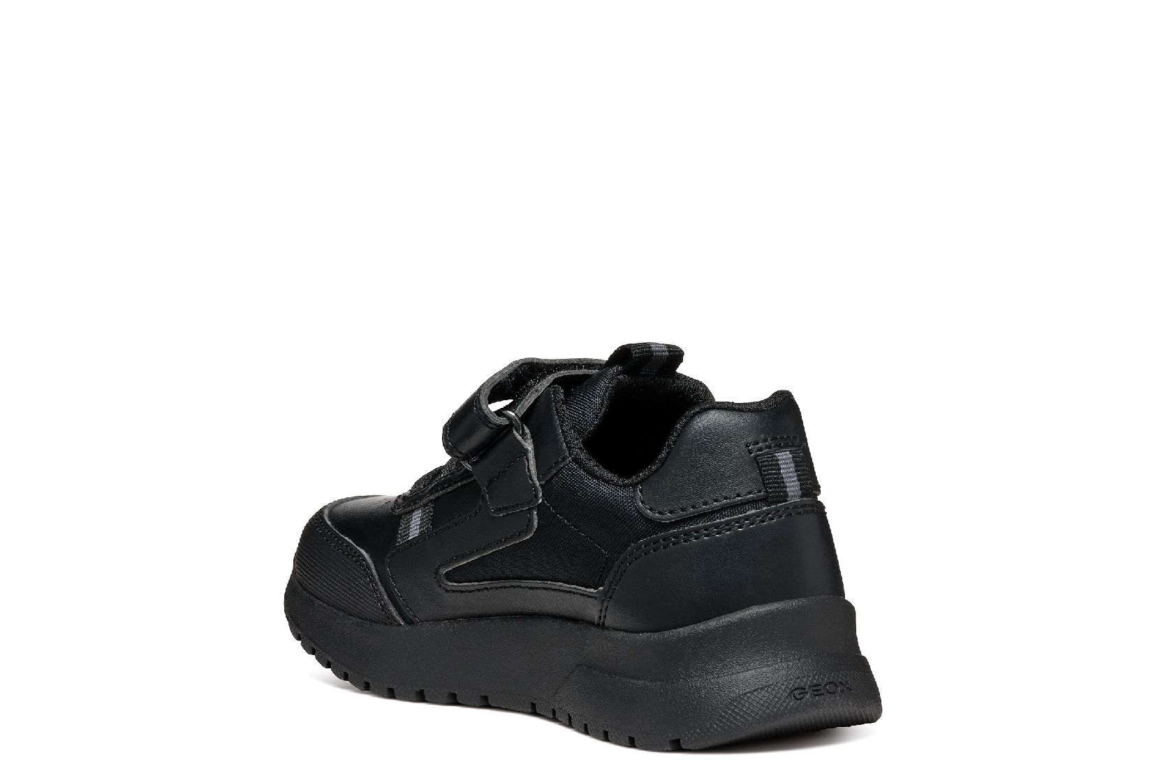 A boys sporty school shoe by Geox, style J36GMA Briezee Boy, in black with bungee laces and velcro fastening. Angled left side view.