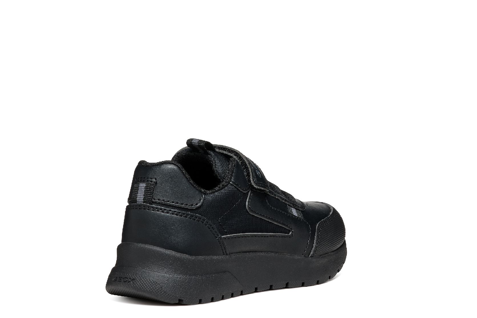 A boys sporty school shoe by Geox, style J36GMA Briezee Boy, in black with bungee laces and velcro fastening. Angled right side view.