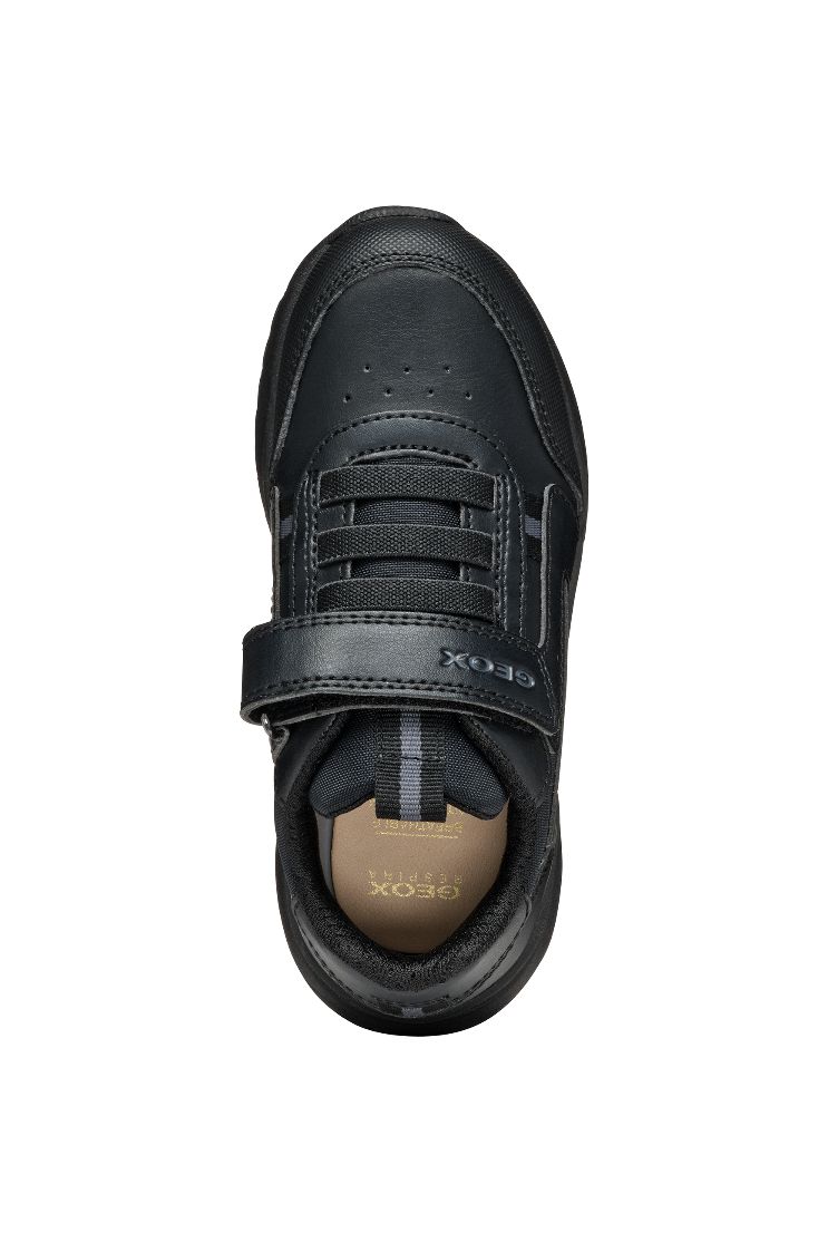 A boys sporty school shoe by Geox, style J36GMA Briezee Boy, in black with bungee laces and velcro fastening. View from above.