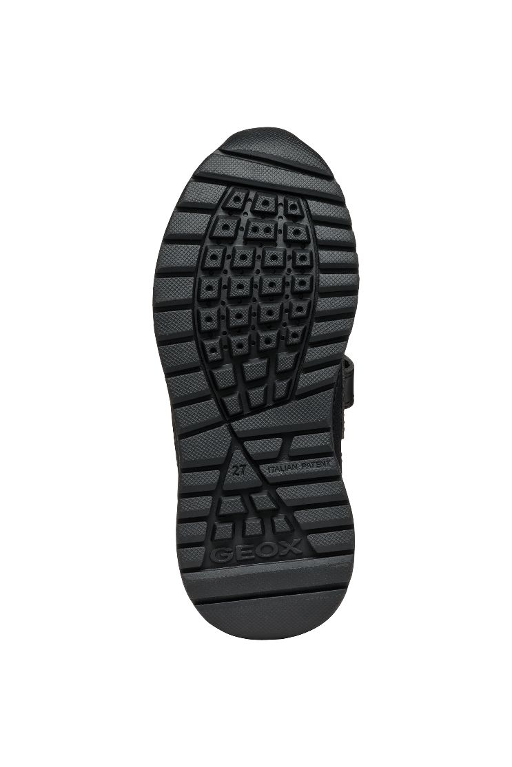 A boys sporty school shoe by Geox, style J36GMA Briezee Boy, in black with bungee laces and velcro fastening. Sole view.