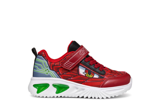 A boys light up trainer by Geox, style Assister in red, Velcro fastening. Right side view.